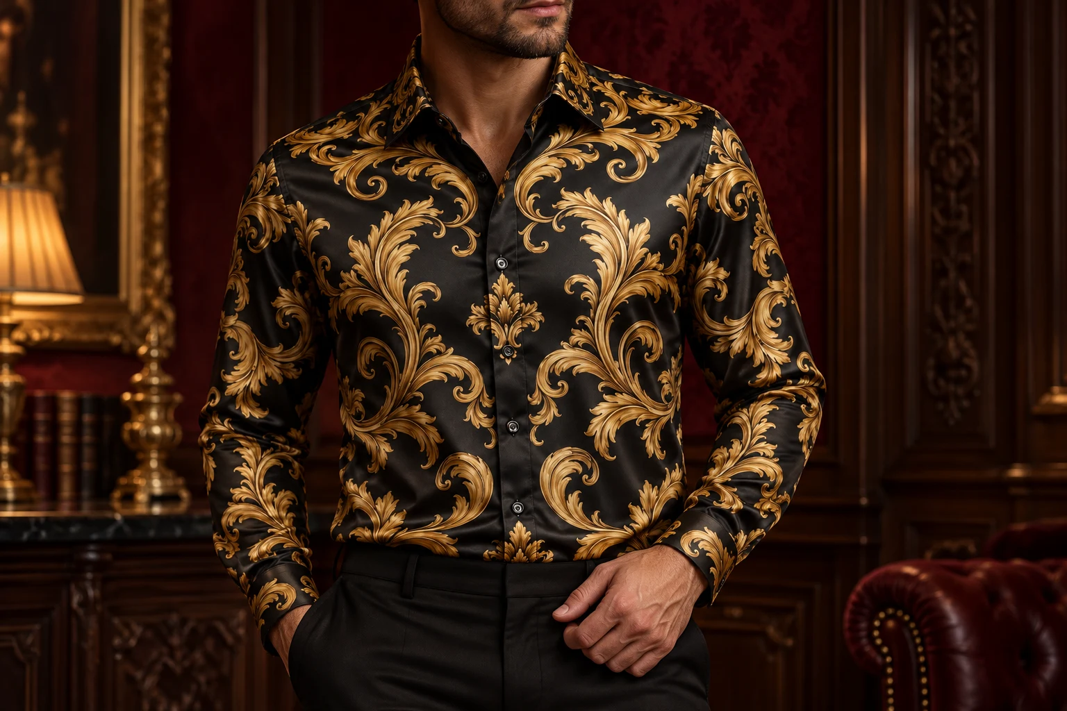 Aureate Scroll silk shirt styled in a richly coloured interior